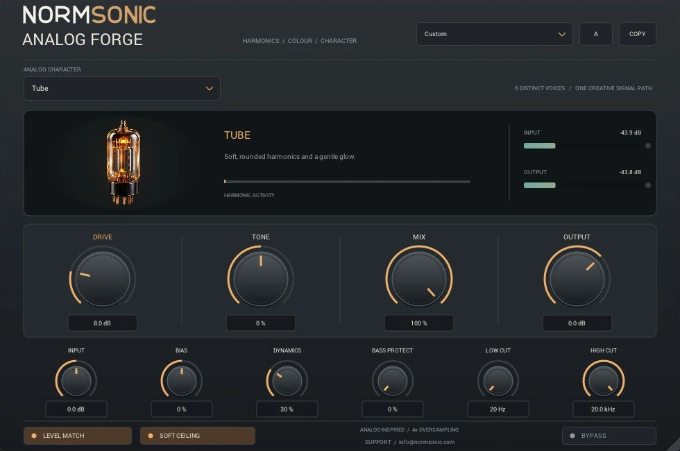 Actual Analog Forge 0.2.0 interface with Tube selected