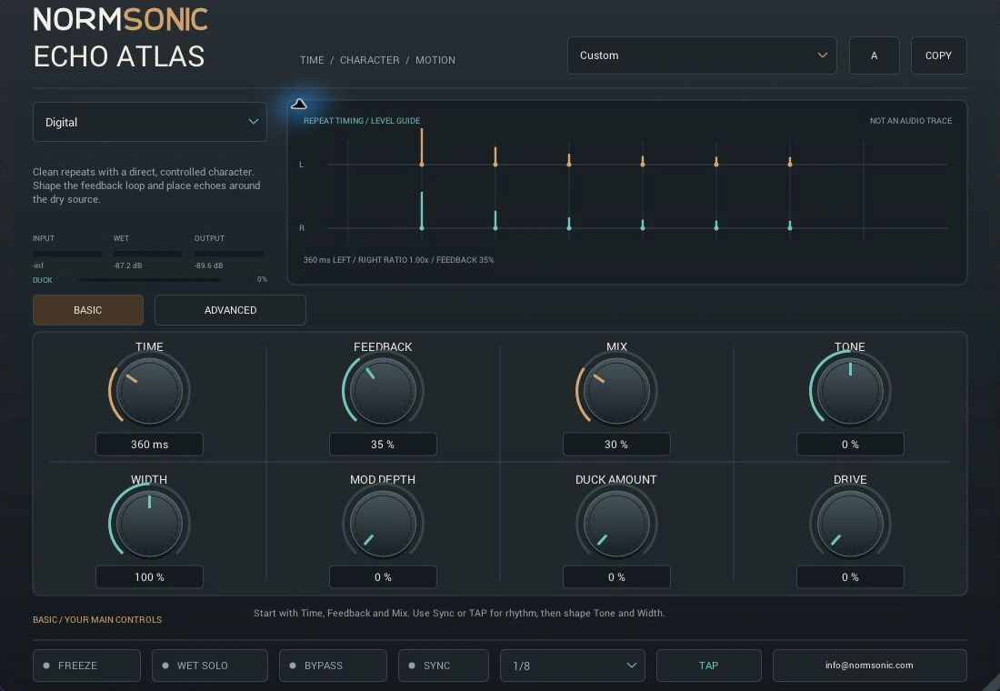 Actual ECHO ATLAS 0.1.0 interface with Digital selected, eight Basic knobs and repeat timing guides
