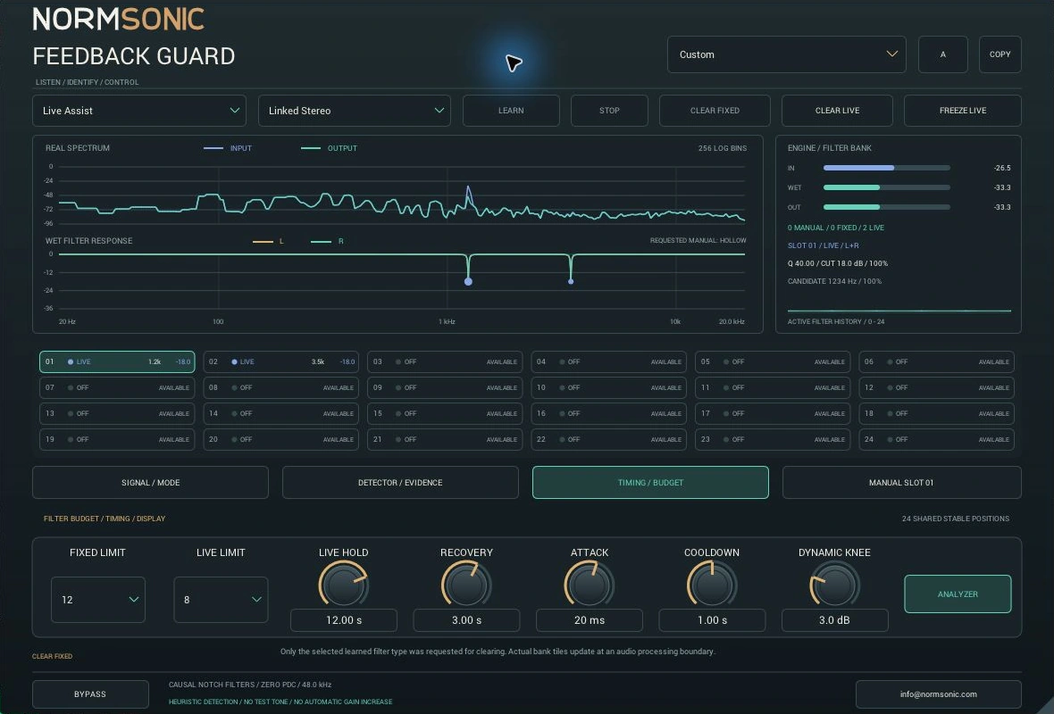 Actual FEEDBACK GUARD Live Assist mode, adaptive filters and live indicators