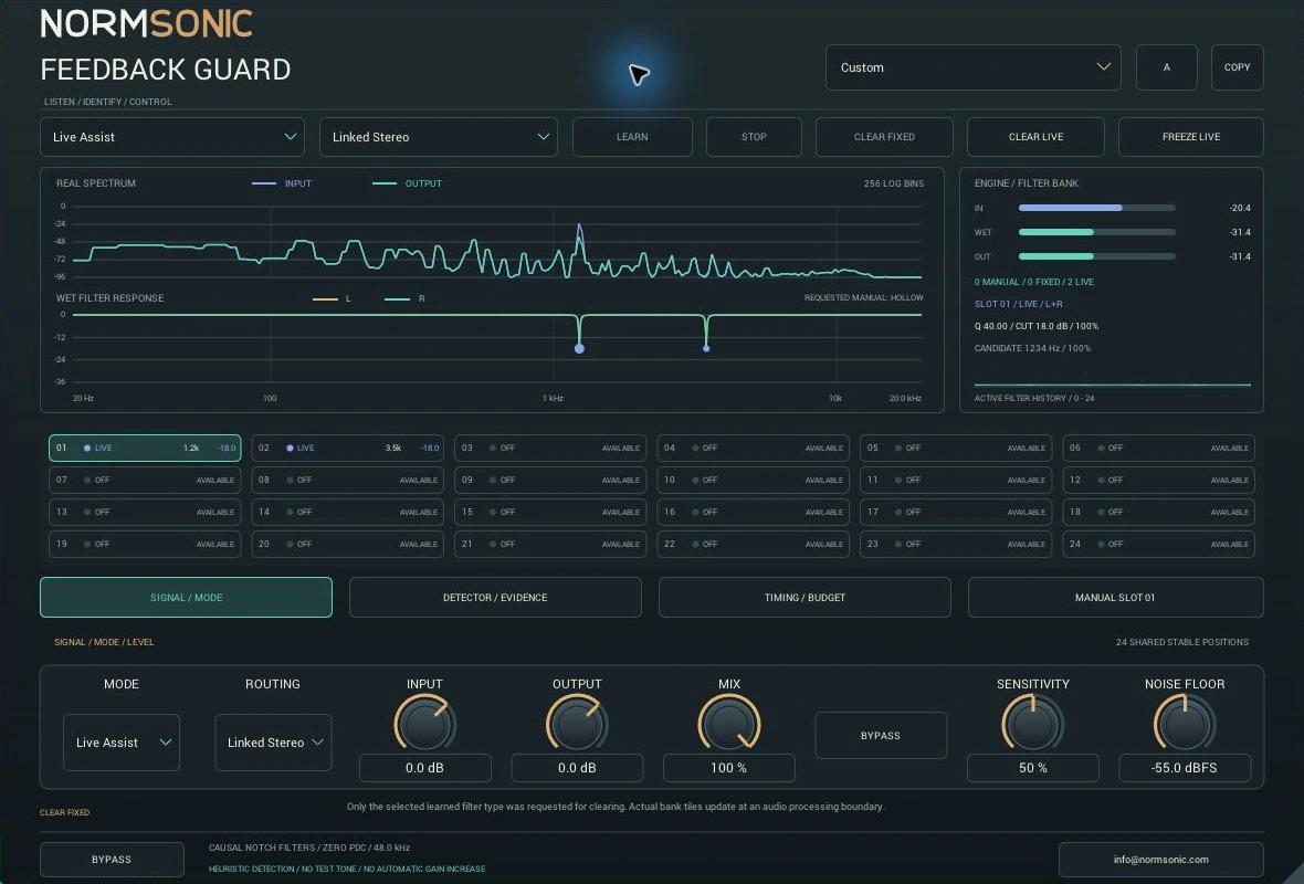Actual NORMSONIC FEEDBACK GUARD interface with spectra, filter bank and controls