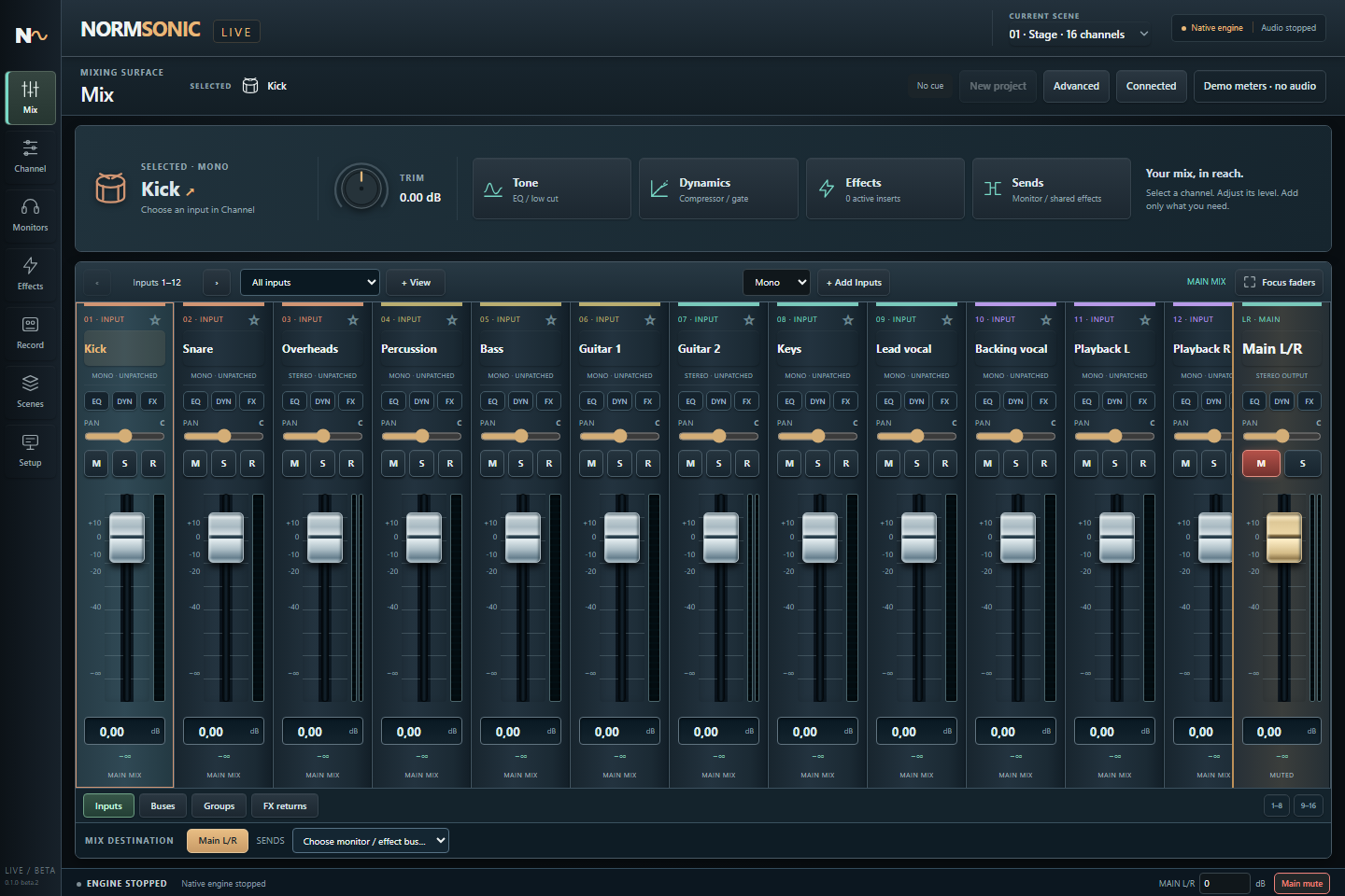 NORMSONIC LIVE 0.1.0-beta.1 browser mixer interface