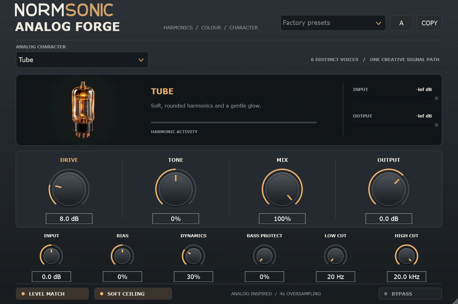 Analog Forge plugin showing the Tube saturation voice and its controls