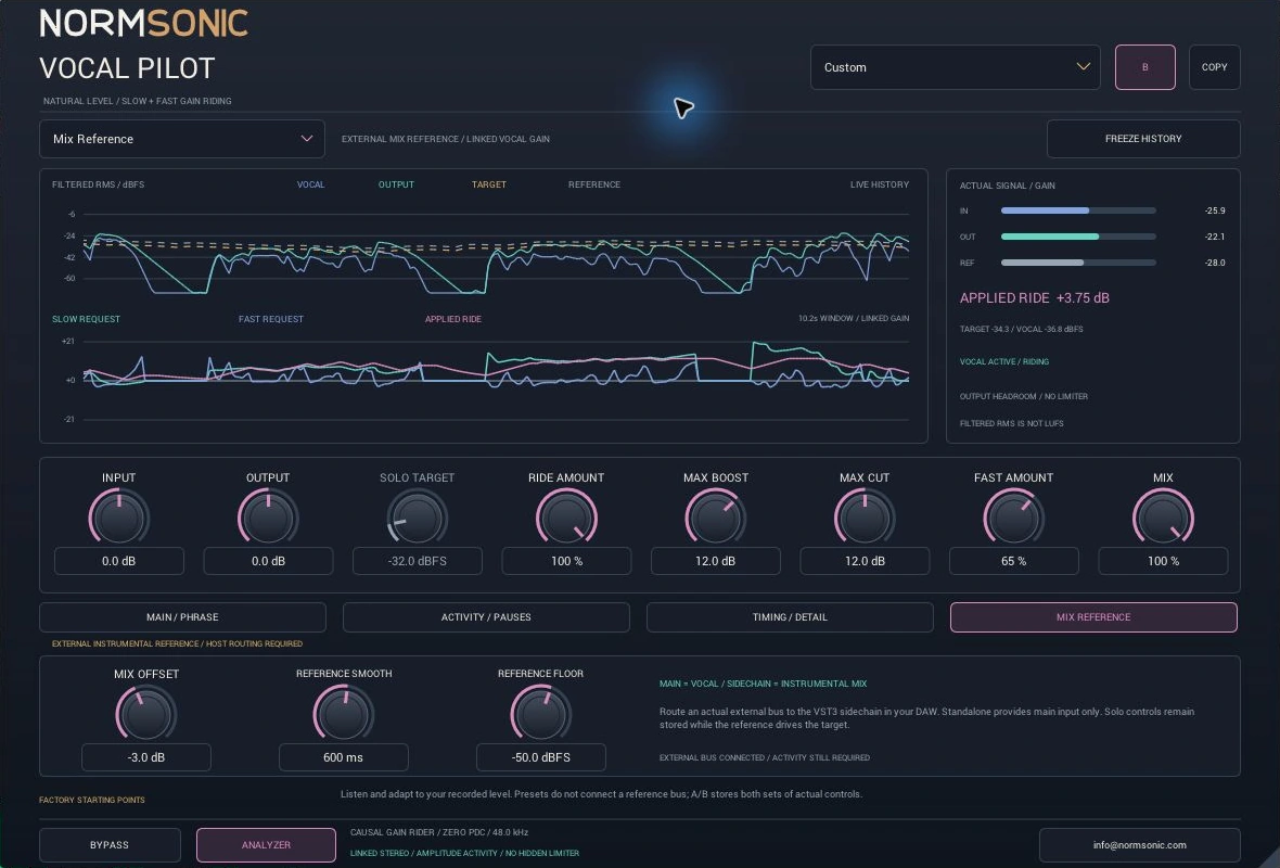 Actual VOCAL PILOT external reference controls and connection status